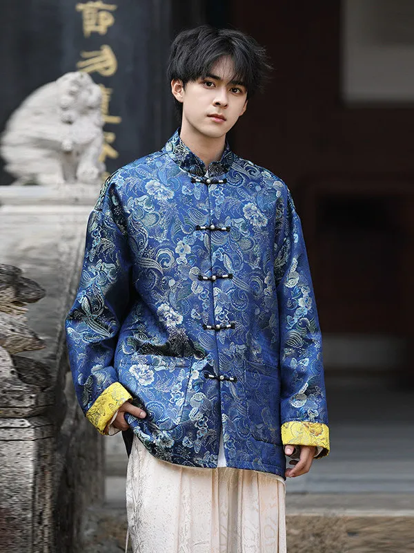 

New Chinese Sle Men's Jaet with Embroidered Button Coat Buddhist Clothes Stand Fit Polyester Long Sve