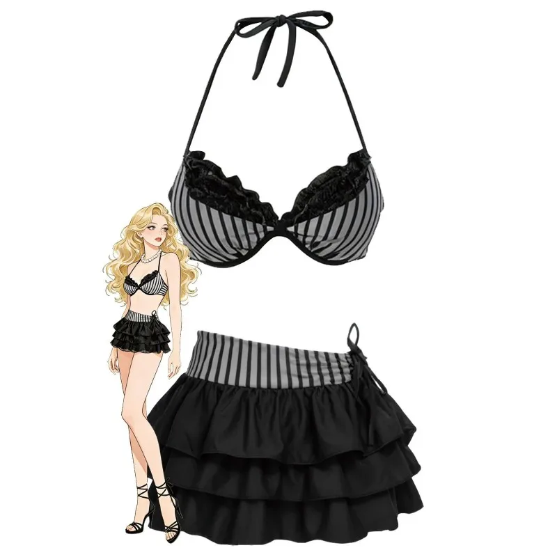 Summer new ins black and white striped neck swimsuit women's lace patchwork beach strap V-neck bikini