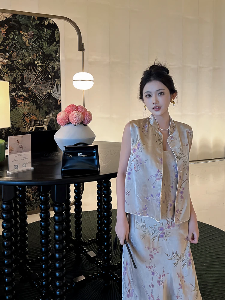 

New Chinese Sle Purple Floral Embroidery Dr Set Cold Tone Strap Long Dr Loose Waist No Sve Summer Autumn Women