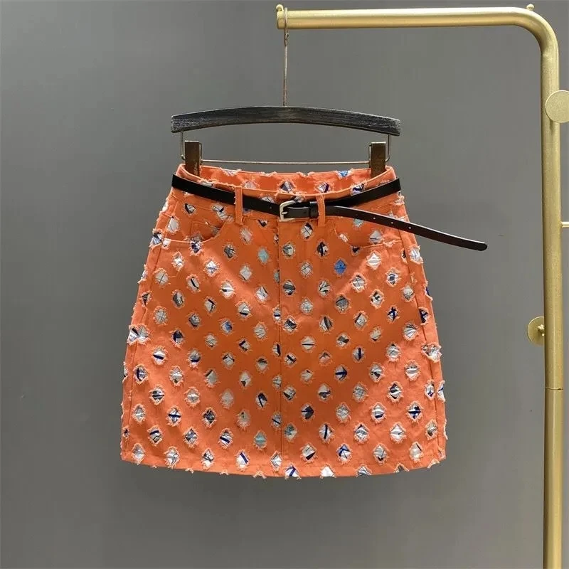 Burn Flowers And Break Holes Personality New Denim Skirt High Waist Slim Word Bag Hip Skirt Female Sexy Temperament Mini Skirt