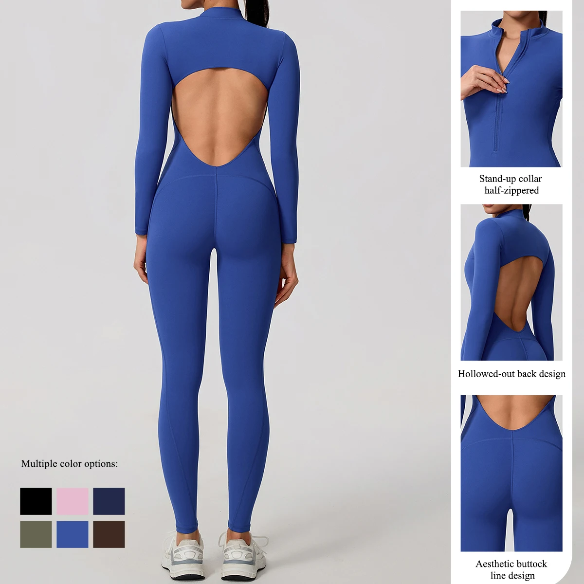Ctenkevet Women's Long-Sleeved Jumpsuit with Half-Zipper V-Back Design Butt Lifting Gym Activewear Sport Outfit for Ladies