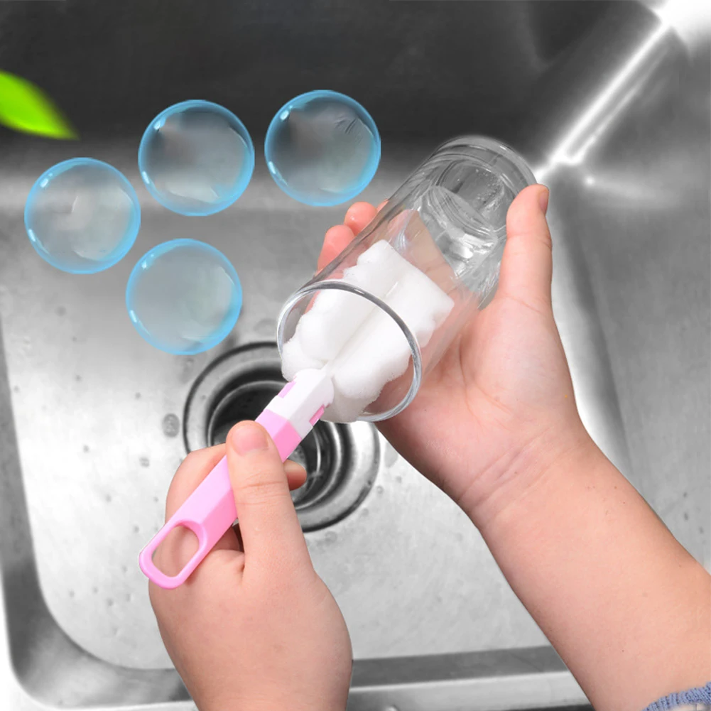 Sikat pembersih botol cangkir, sikat pembersih spons pegangan botol busa cangkir botol kaca dapur botol bayi dengan pegangan panjang