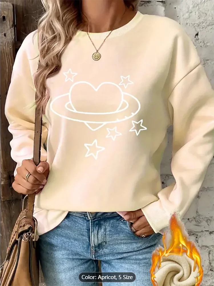 Sweat-shirt pour femmes, imprimé graphique cœur planète étoile, doublé polaire, pull surdimensionné décontracté pour les amateurs de Style spatial, pur coton
