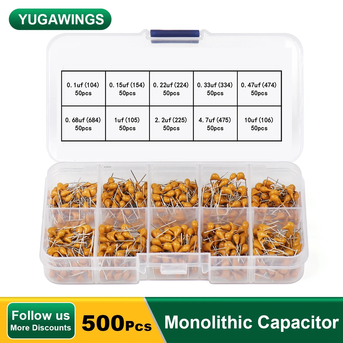 500Pcs Monolithic Ceramic Capacitor kit 10Values x 50Pcs 0.1uF-10uF (104-105)  Multilayer Capacitors Assorted Kit Storage Box