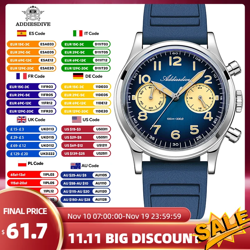 

ADDIESDIVE AD2516 Men’s Luxury Quartz Watch 38mm VK64 Movement Vintage Design BGW9 Luminous Hands Nylon Strap 100M Waterproof