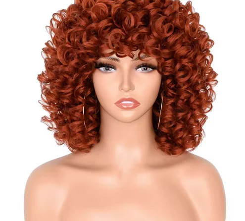 Krótkie włosy Afro peruki z kręconymi włosami z grzywką dla czarnych kobiet puszyste syntetyczne naturalne włosy Ombre Cosplay blond brązowa peruka