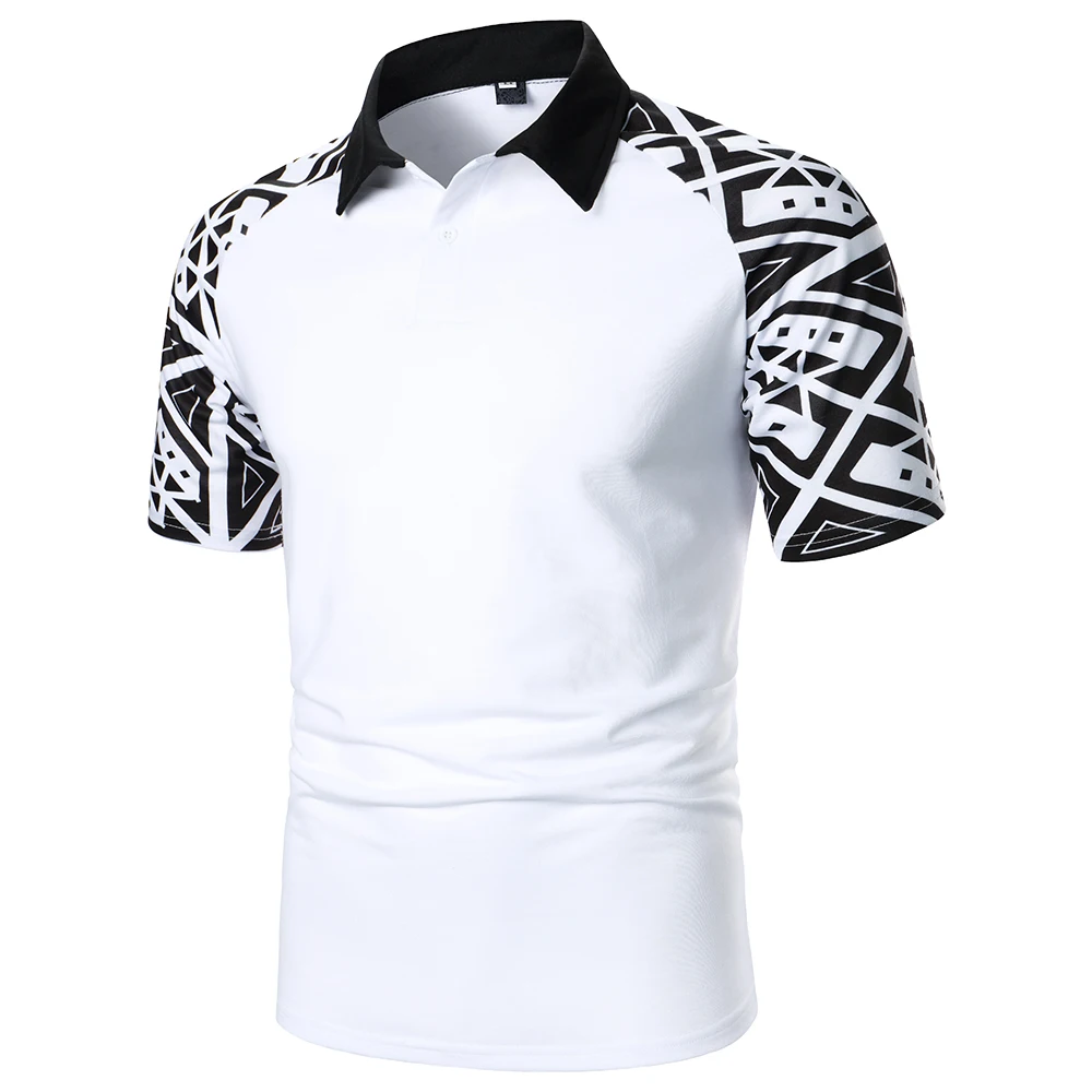 Men Raglan Short Sleeve Polo Shirt Contrast Splicing Geometric Printing Top Streetwear Casual Fashion Holiday Men Polo Shirt