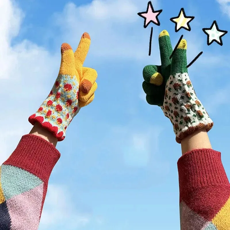 Retro Flower Winter Gloves Women Girl Thermal Wool Knit Gloves Touch Screen Warm Mittens Cycling Skiing Windproof Hand Warmer