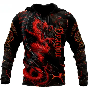 Felpa con cappuccio da uomo stampata in 3D del bellissimo drago del fuoco rosso Felpa unisex autunno e inverno Pullover Casual Streetwear