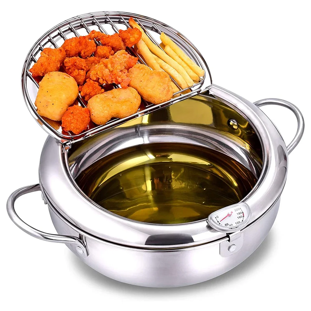 Japanese Deep Frying Pot with a Thermometer and a Lid 304 Stainless Steel Kitchen Tempura Fryer Pan 20 24 cm KC0405