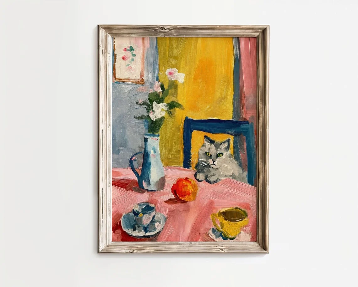 "Gray Cat On Pink T…