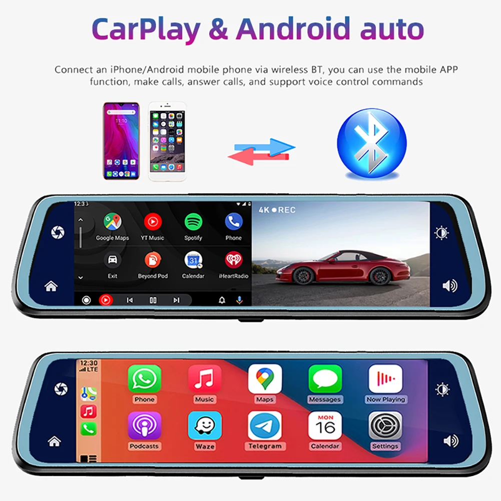 CDDRS 4K Mirror Dash Cam Wireless CarPlay Android Auto 2160P Car DVR WiFi GPS Track Front and Rear View Camera Video Recorder FM