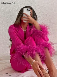 Mnealways18 Rose Pink Sleepwear Women's Robe With Feathers Single Breasted Turn Down Collar Women Sleepwear Set Satin Sets 2024