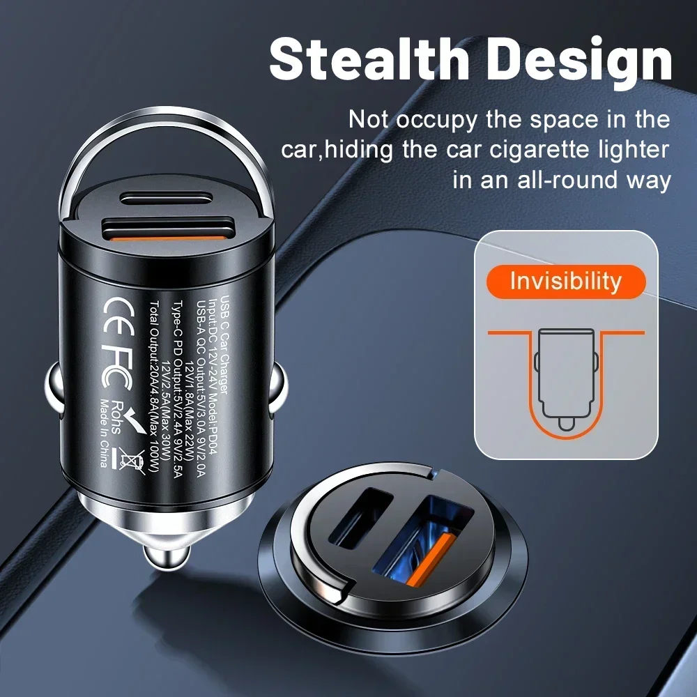 100W USB Car Charger TypeC Fast Charging Quick Charger 3.0 Mobile Phone Power Adapter in Car For iphone Xiaomi 14 Huawei Samsung