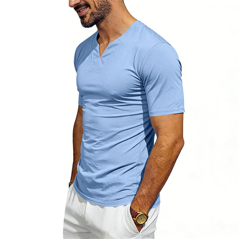 2026 New style Summer Men's solid-color fashion sports casual V-neck short-sleeved Men's Loose breathable jogging T-shirt tops