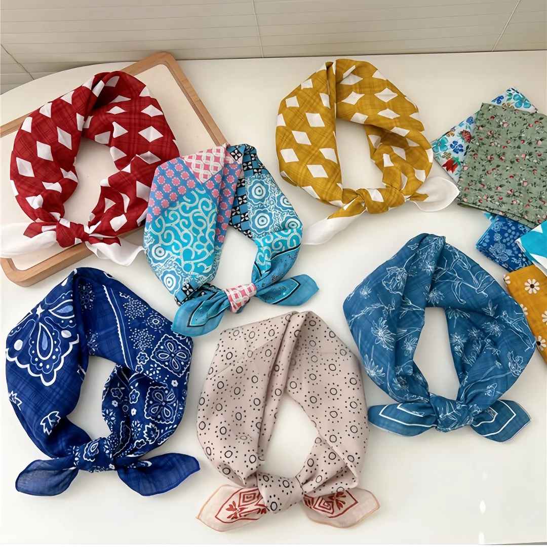 

63Colors 55cm Daisy Print Cotton Linen Scarf Women Sweet Cottage Neckerchief Square Bandana Breathable Sun Protection Hair Wrap