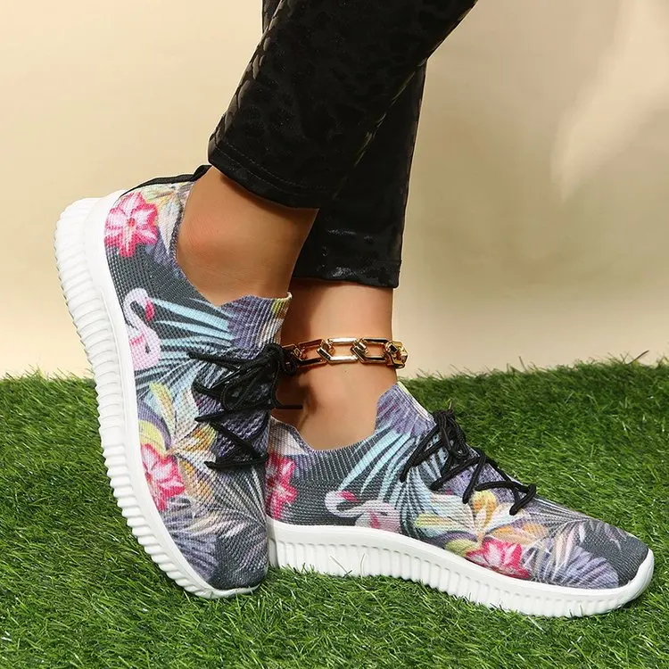 Fashion Sneakers for Women Flower Print Lace-Up Casual Shoes Outdoor Breathable Running Footwear Lady Vulcanized Shoe Plus Size