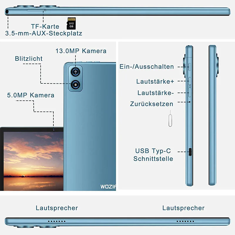 Versione globale Tablet wzifan W10 10.1 pollici Octa Core 6 + 128GB 8000 mAh Tablet PC 120Hz 2.5K Display LCD Tablet blu Android 12