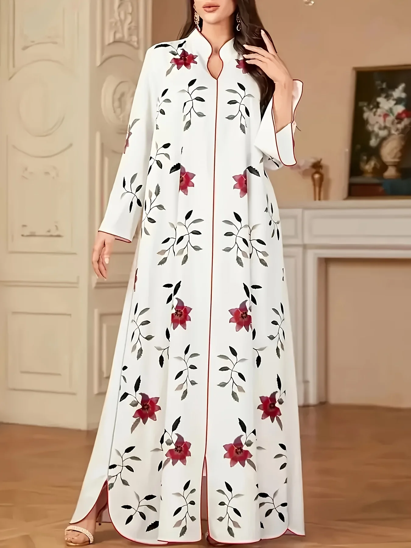 

Ladies' elegant Ramadan Eid Muslim print V-neck long sleeved loose A-line skirt with slit hem long skirt