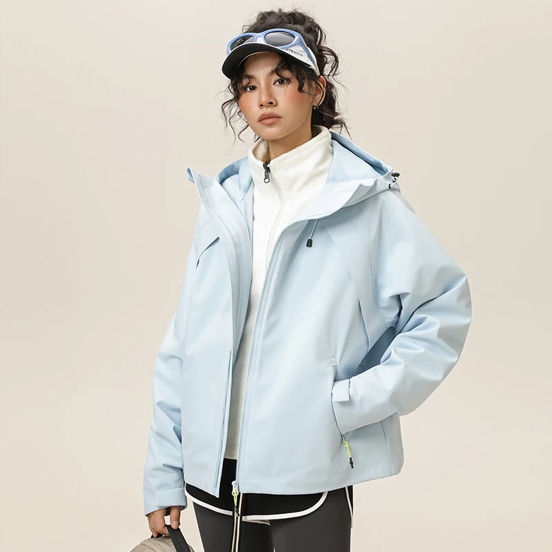 3 - في - 1 سترة نسائية قصيرة للخريف/الشتاء للاستخدام الخارجي مع بطانة من الصوف: سترة تخييم خارجية بسيطة ودافئة ومتعددة الاستخدامات مكونة من قطعتين