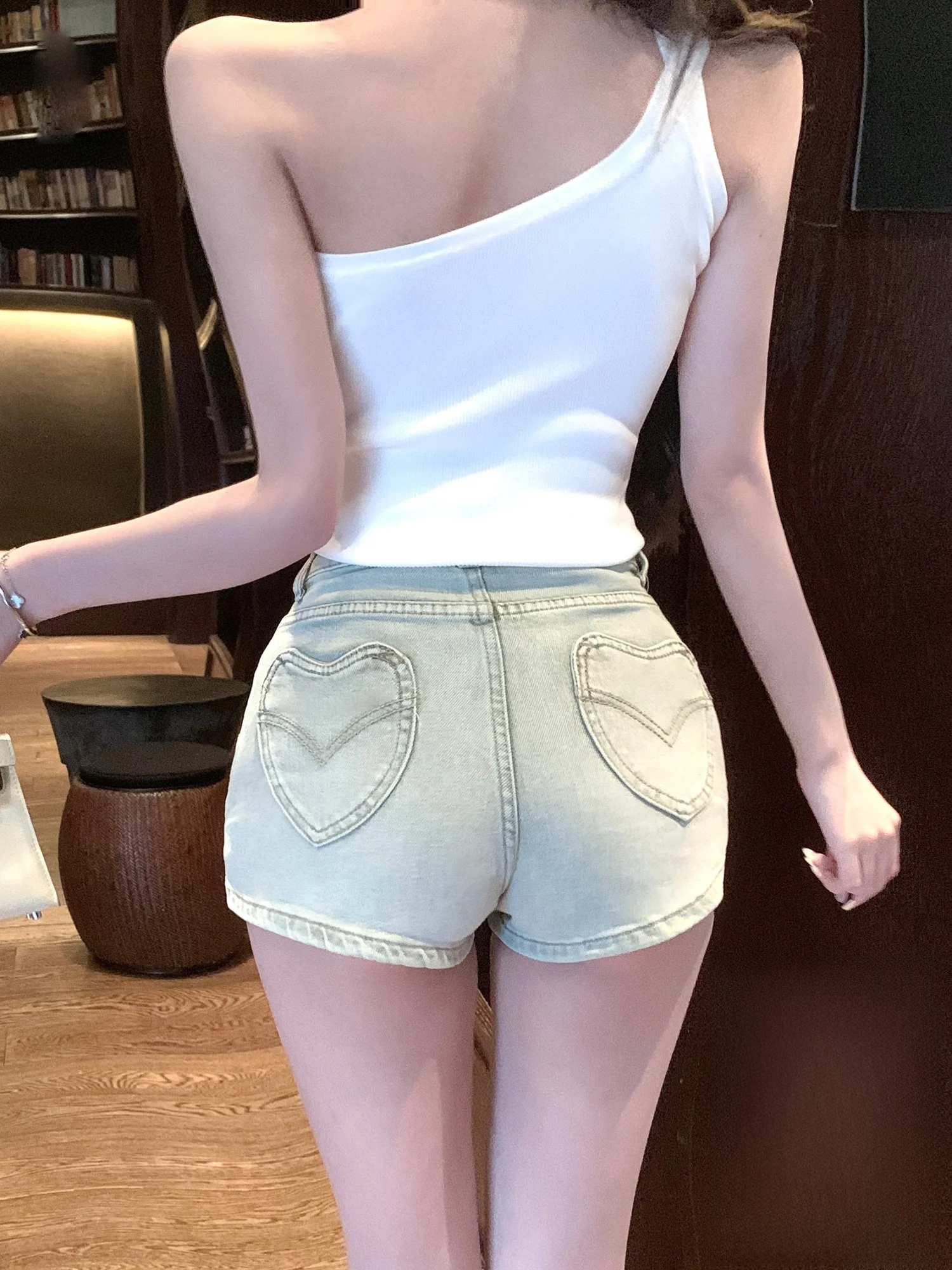 

Kubiliv American Retro Heart ket Джинсовые шорты трапециевидной формы с высокой талией Летние повседневные шорты на молнии Светлый цвет