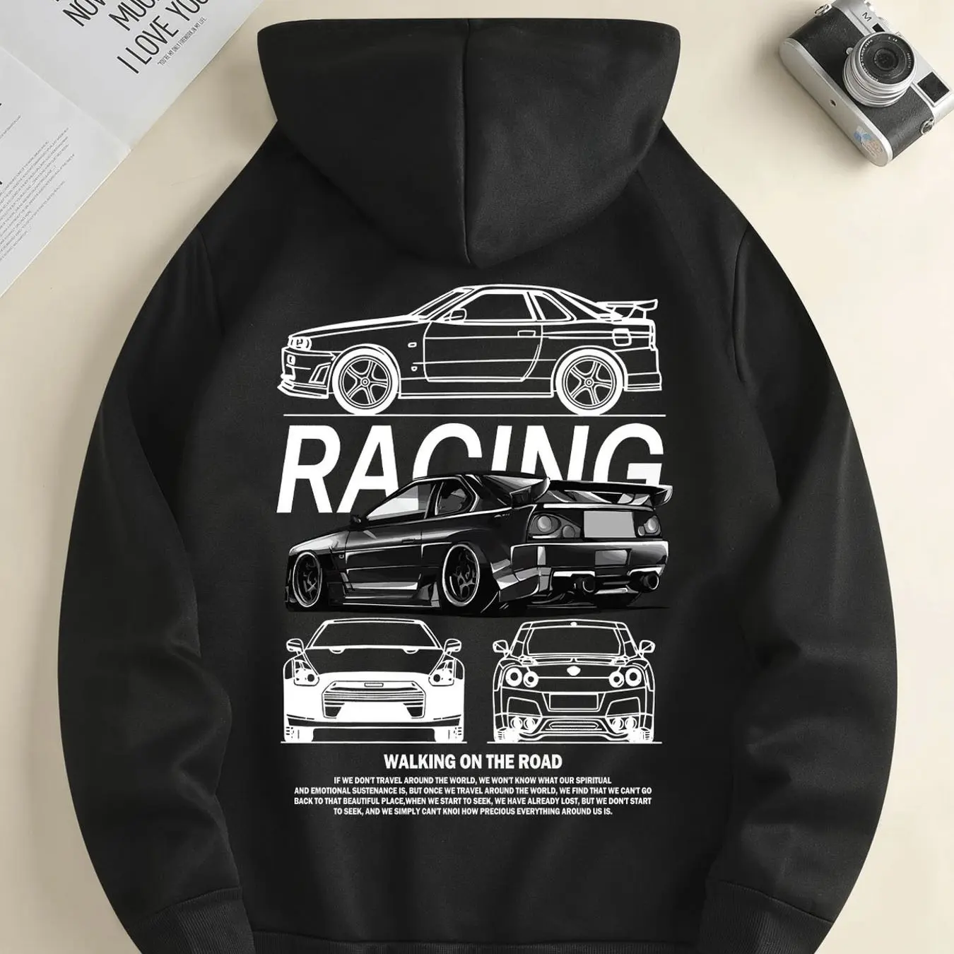

Locomotive print hoodie, breathable and elastic, autumn and winter casual streetwear with drawstring hat and kangaroo pocket