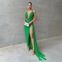 Fashionable Green Ribbon Floor Mopping Party Dress Sexy Hanging Neck Hollow Prom Gown Backless Split Vacation Evening Robes