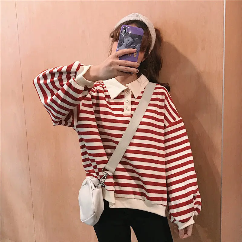 T-shirts Women 3XL Tops Leisure Simple Teens Retro Striped All-match Cozy Soft Warm Korean Style Fashion Autumn Tees Long Sleeve