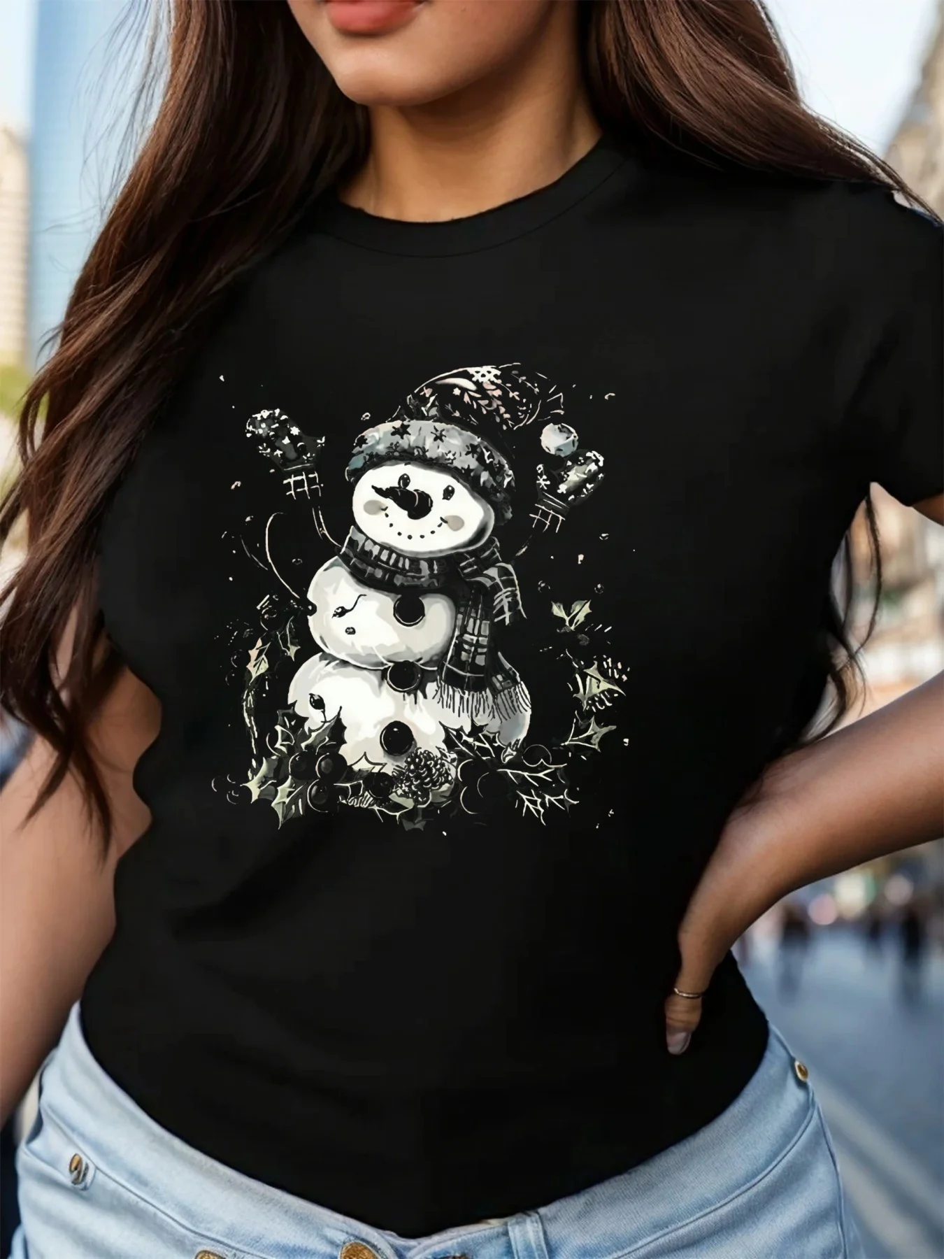 

Рождественский узор с креативным принтом, модная женская универсальная футболка из чистого хлопка