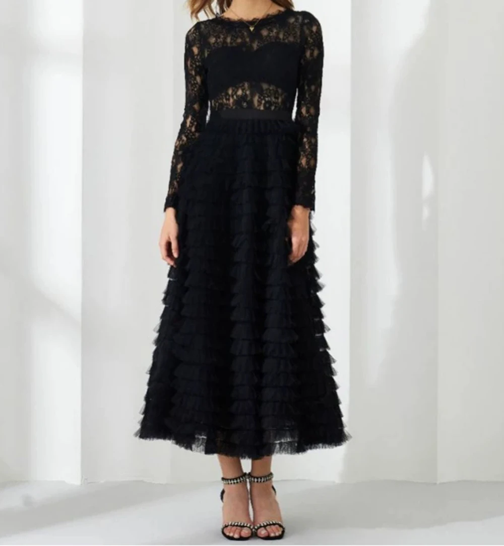 

2025 latest hollow lace dress solid color elegant banquet dress long sleeve A-line skirt-GZXX470
