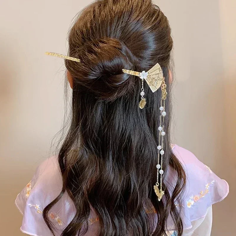 Chinese Style Retro Tassel Pearl Hair Stick Flowers Hairpin for Wedding Hair Accessories Charm Metal Hairpins Jewelry Women Girl