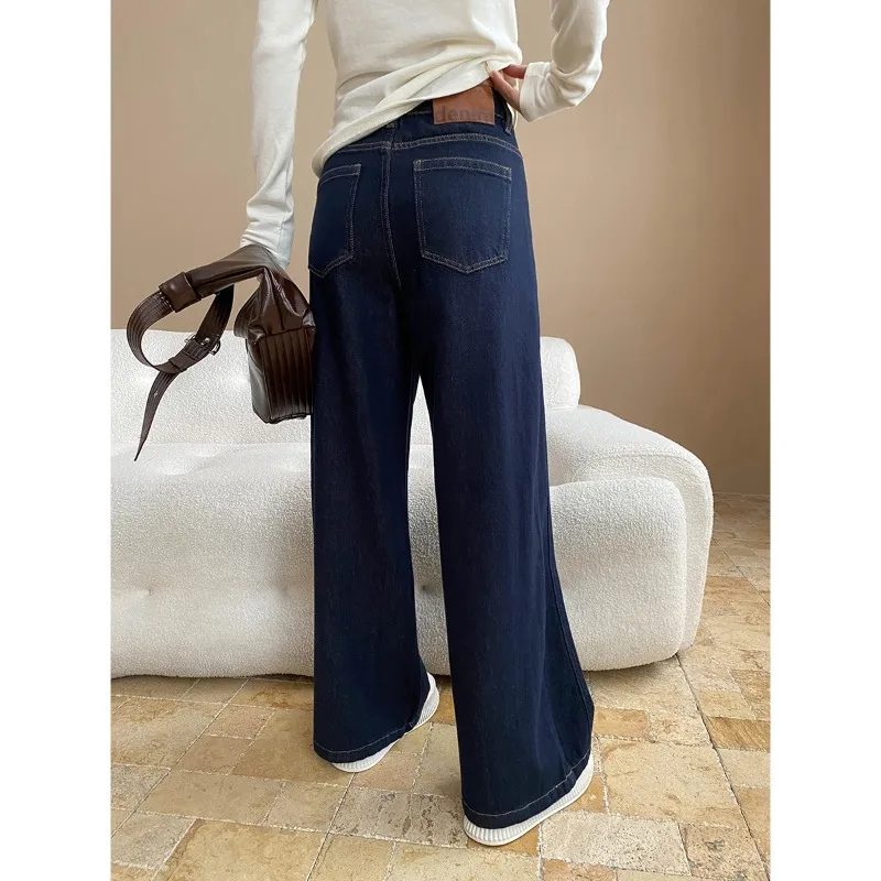 レディースデニムジーンズ 無地ジッパーフライポケットボタン エンパイアウエスト フルレングス ワイドレッグパンツ ルーズカジュアル 2025秋冬