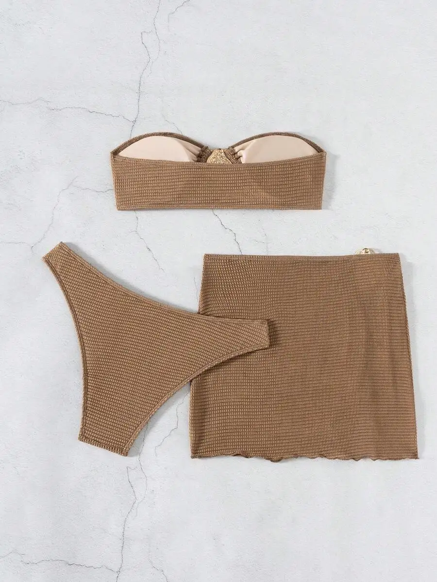 

3pcs Solid Color Brown Bikini Set Women Strapless Bra And High Cut Bottoms For Beach Summer Vacation