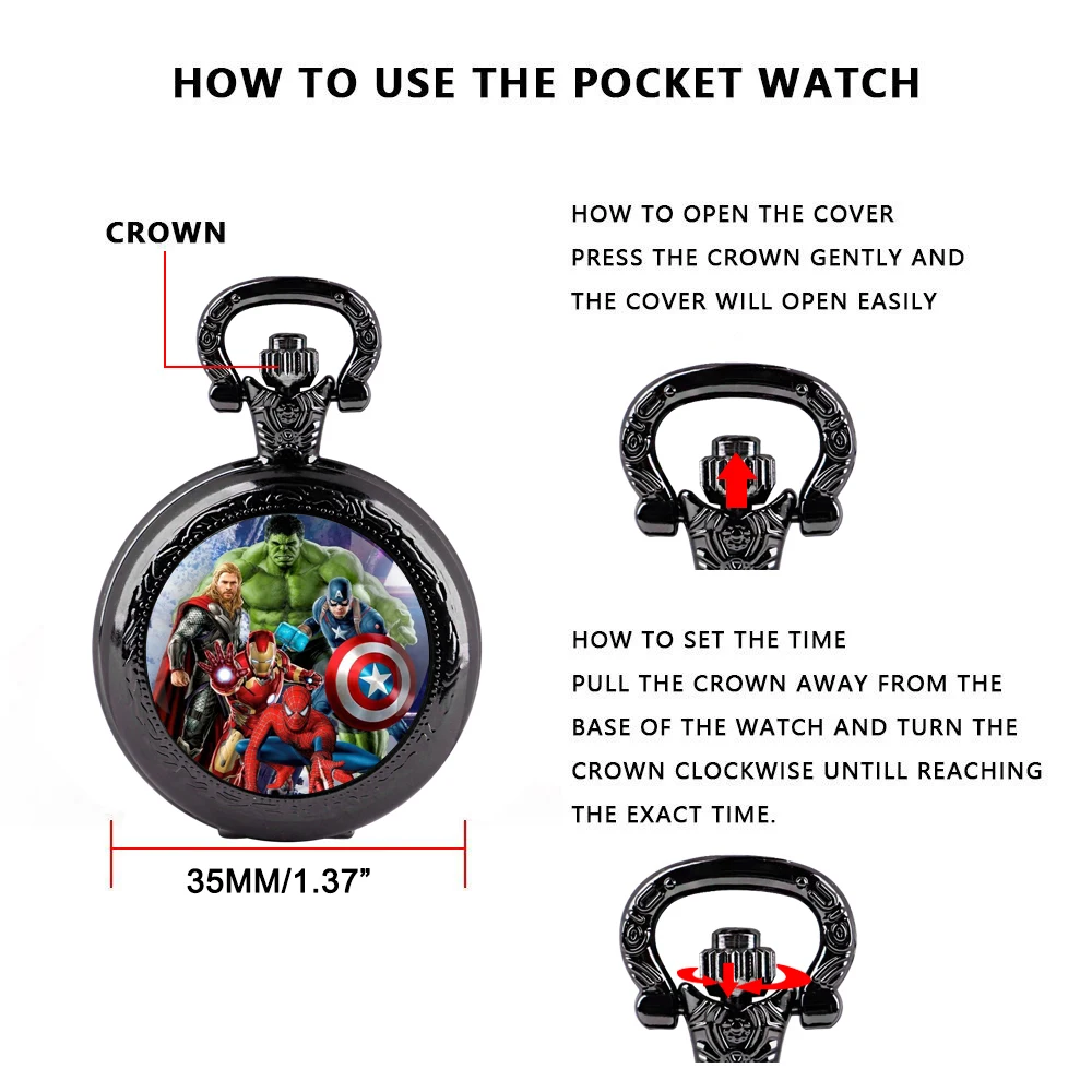 Famous Film Cartoon Theme Black Quartz Pocket Watch Gift Set with Durable Chain and Arabic Numeral Face Timeless Present for Boy