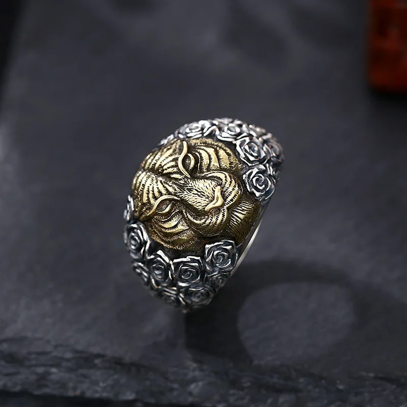 Wholesale 925 sterling silver rose tiger head ring, men's living ring, Thai silver retro vintage vintage vintage personalized je