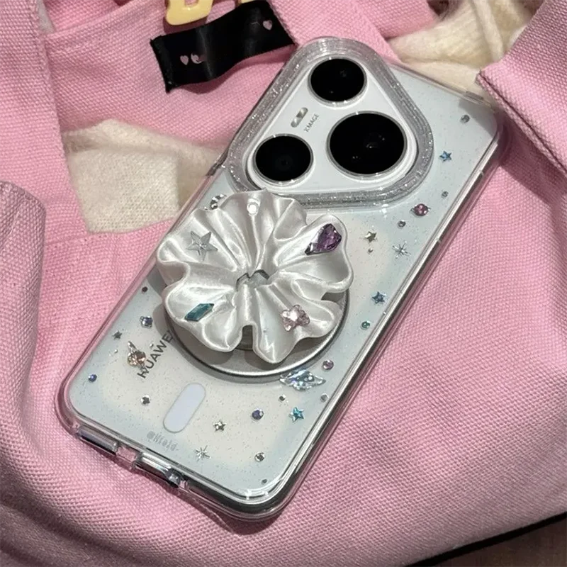Magnetic Clear Silicone Phone Case For Huawei Pura 70 80 Pro Mate 60 70 80 Pro Max Cover with Shiny Rhinestone Silk Flower Stand