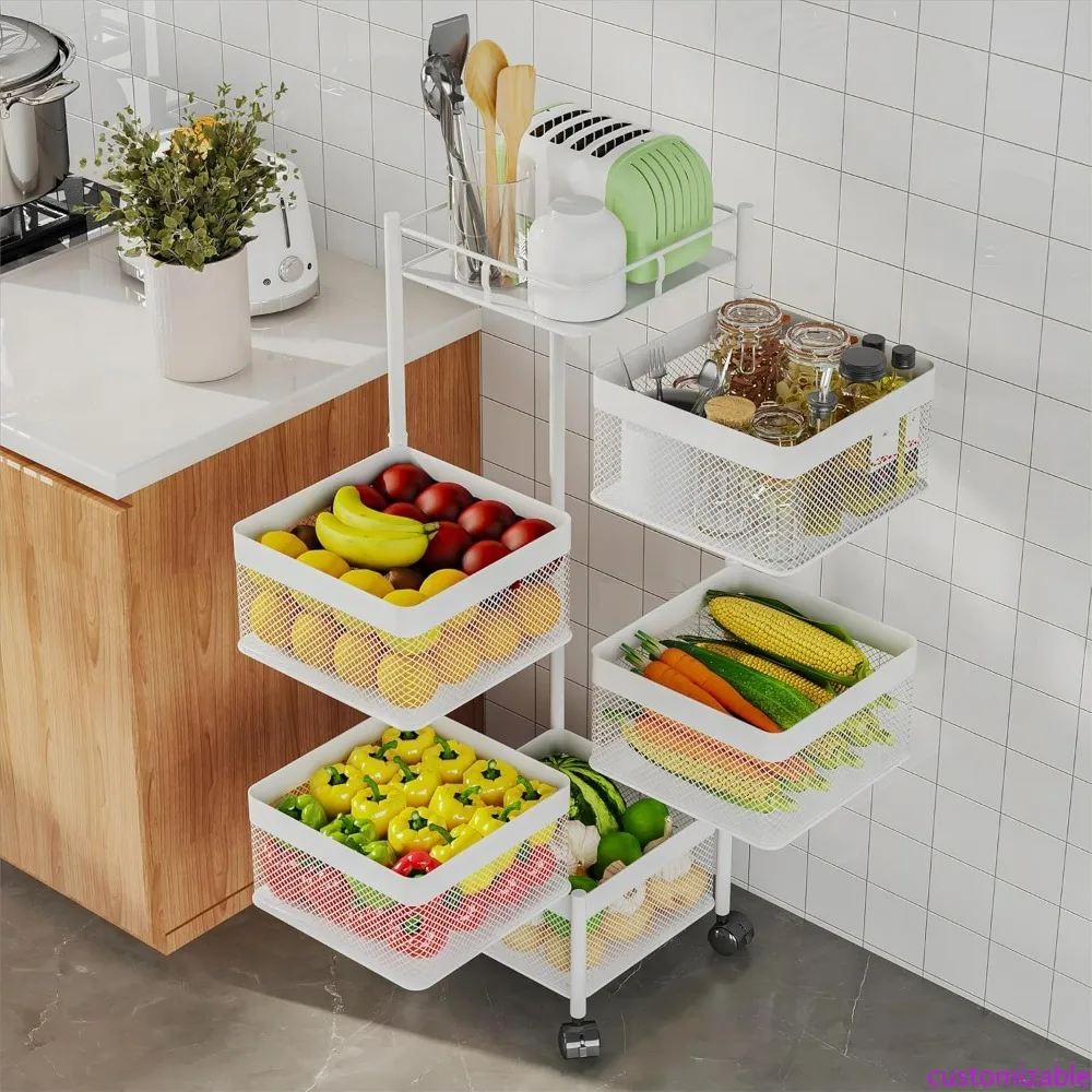 

Kitchen Fruit Basket with Rotating Storage Rack, Mobile Bathroom Shelf Organizer