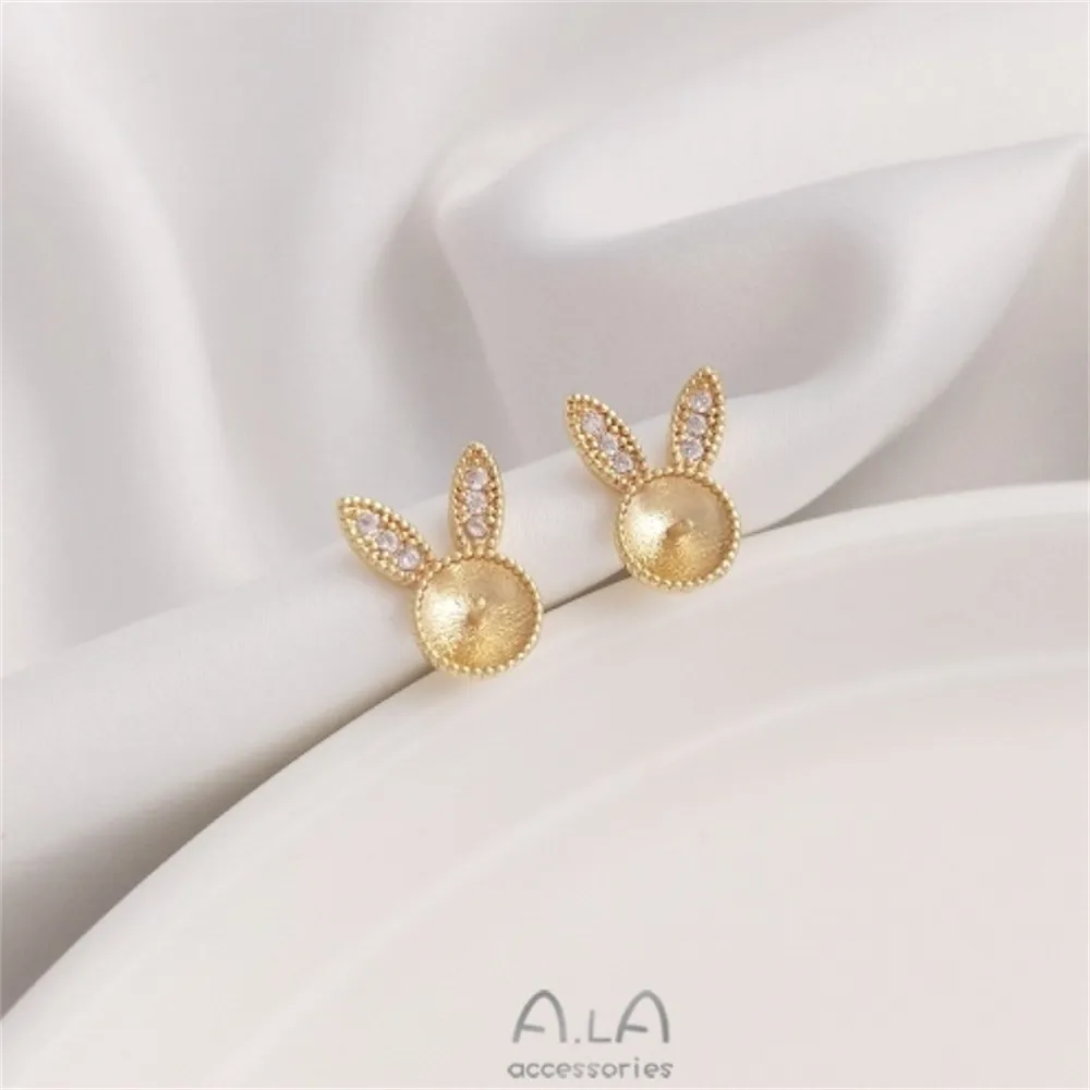 925 Silver Needle Cute Rabbit Head Zircon Rabbit Ears Half-hole Beaded Earrings 14K Gold Diy Earrings Accessories E197