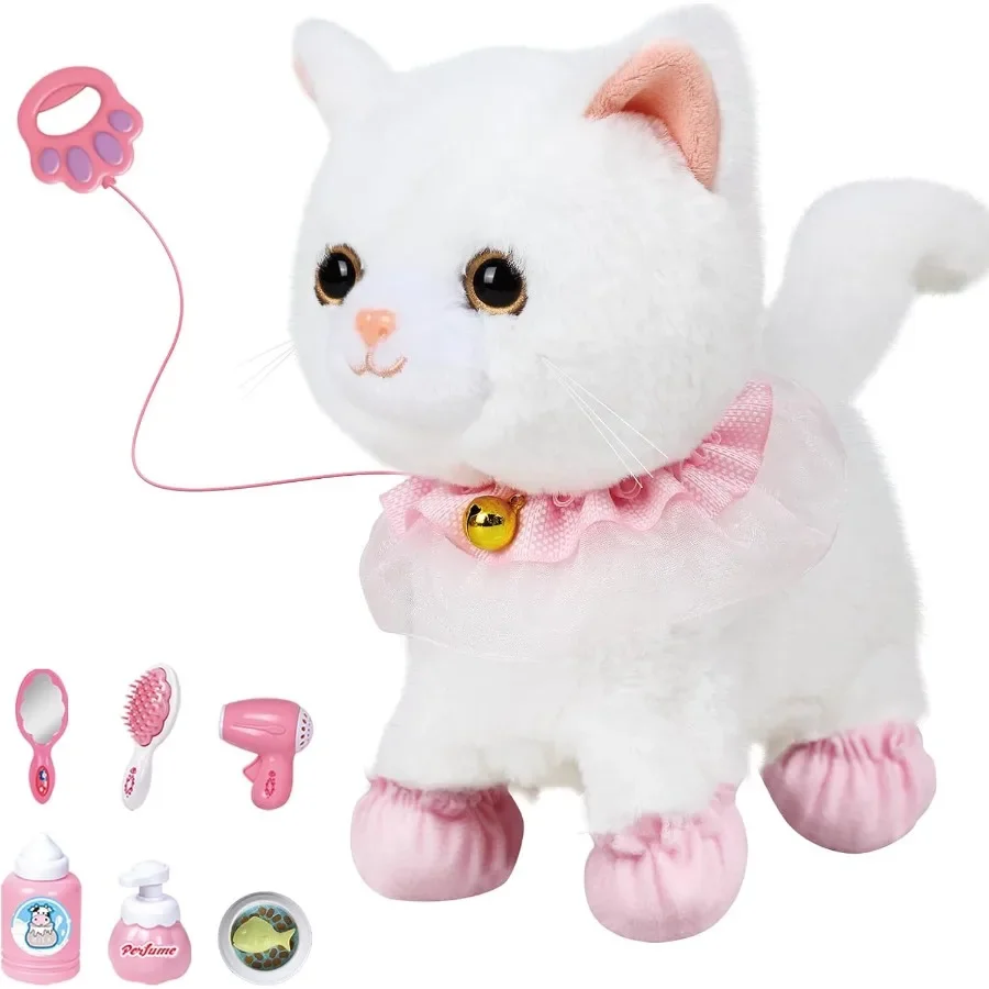 Interactive Electronic Plush Toy Walking and Barking Robot Cat Remote Control Kitten for Girls White Cat Soft Fabric Cute Desig