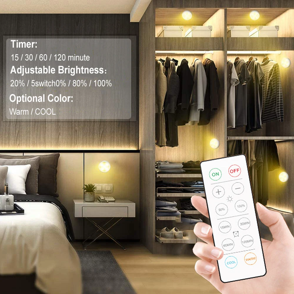 LED Puck Light Remote Dimmable Under Cabinet Light Touch Sensor Battery Operated for Kitchen Wardrobe Closet Stair Lighting Lamp