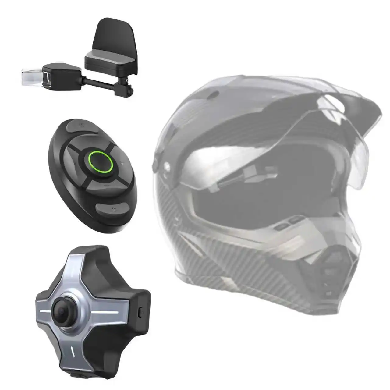 

Мотоциклетный шлем с HUD-дисплеем, навигационным устройством, функцией записи вождения, Bluetooth-наушниками и камерой заднего вида.