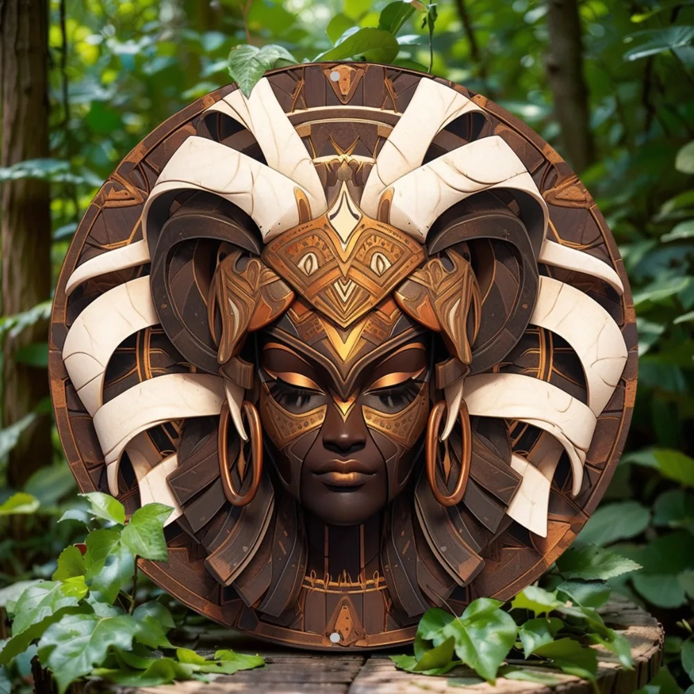 

African Mask Themed Round Aluminum Wall Decor, Durable Sign, Easy-To-Clean Metal Art for Home, Cafe, Apartment and Restaurant