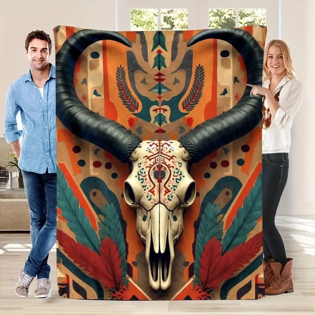 Large Boho Skull Print Throw Blanket Southwestern Tribal Art Decor Fleece Cover Ideal Bedroom Decor 150x200cm