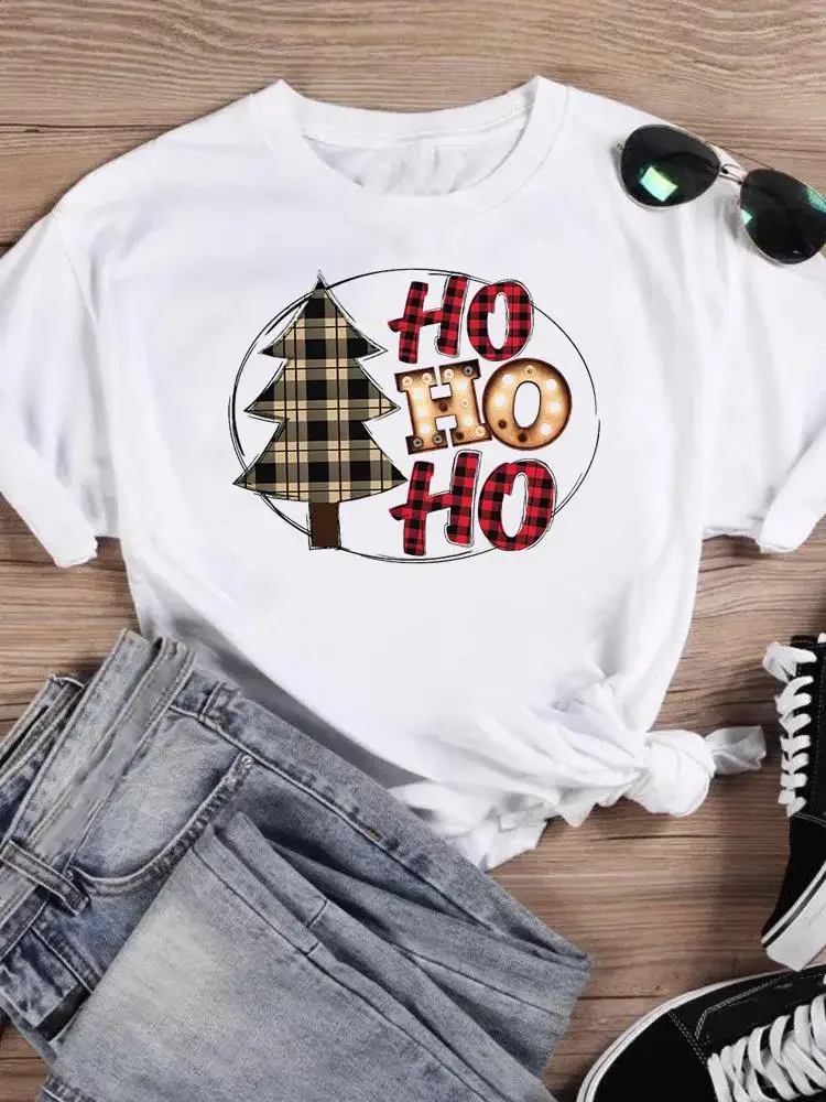 Print T Top Women Holiday Clothing Merry Christmas Plaid Letter 90s Trend Graphic Tee  Fashion Female ShirtNew Year T-shirts