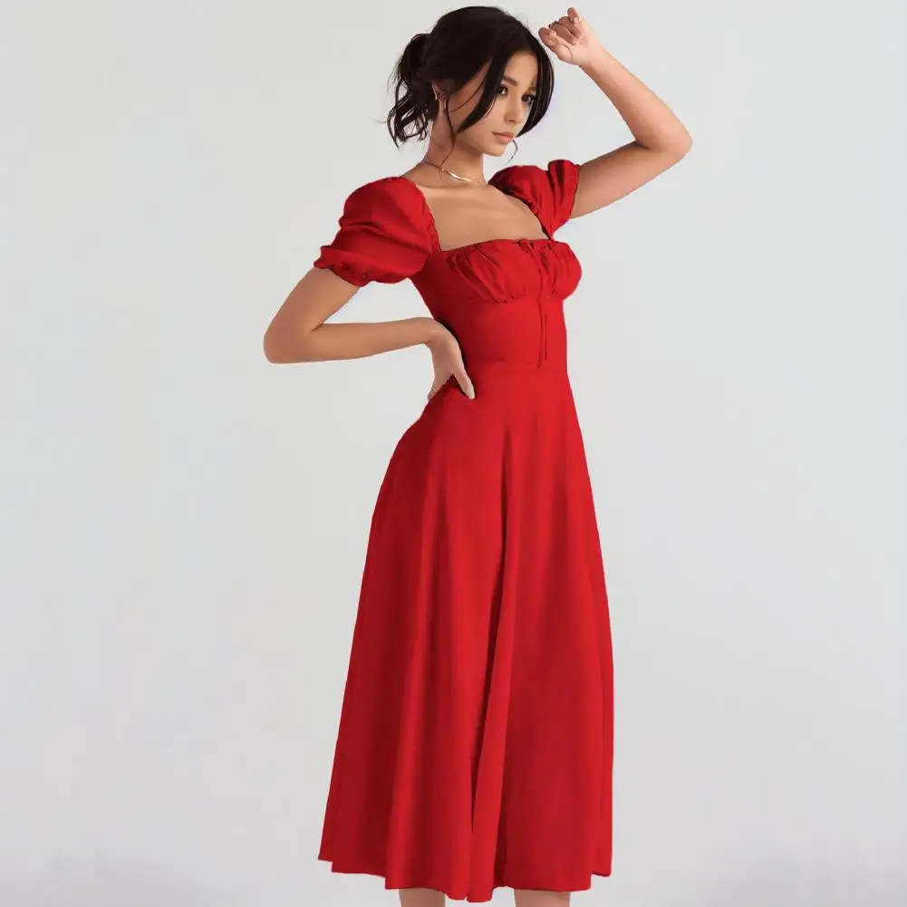 Mulheres a linha vestido elegante pescoço quadrado em camadas babados cintura alta a linha plissado rendas cinta sem costas senhora midi vestido