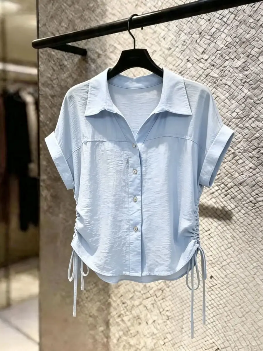 Commuter Lazy Style Drawstring Collared Shirt Women's Short Sleeve Summer New Fashion Unique Top Beautiful Age-Defying Small ...