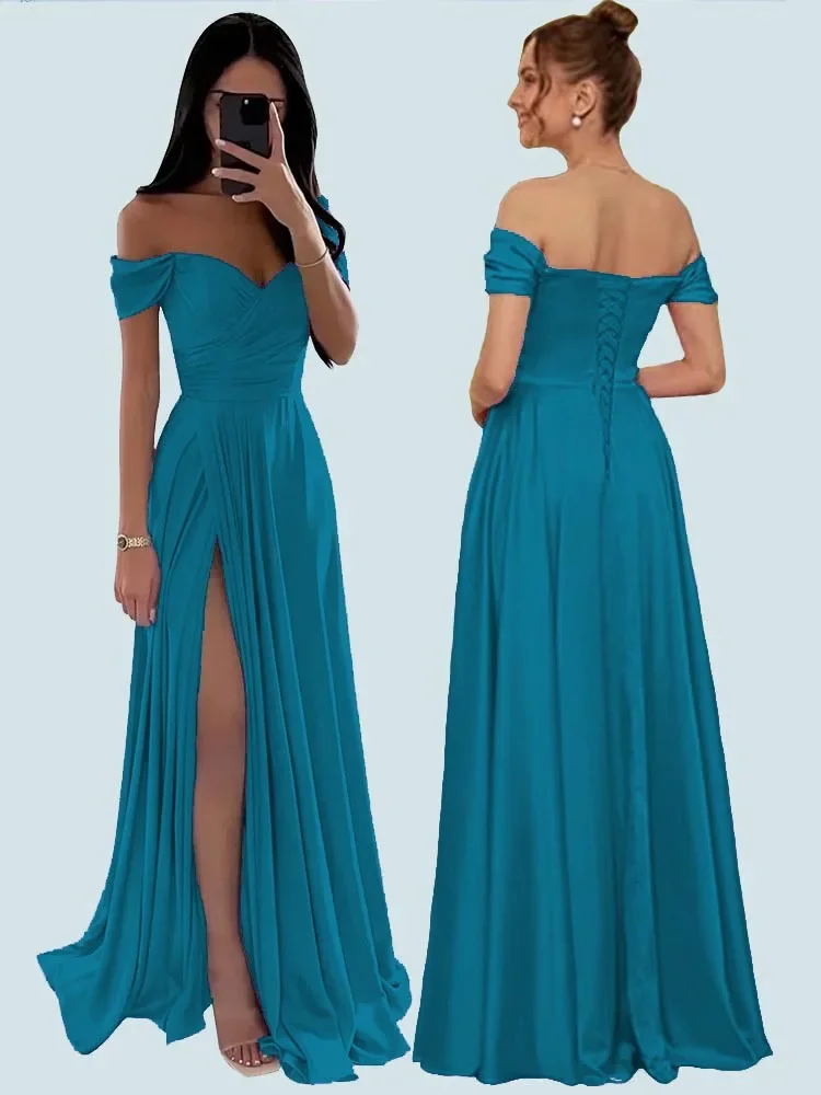 Vestidos de dama de honor con hombros descubiertos para mujer, vestido de graduación de satén plisado con abertura lateral, Vestidos de noche largos de línea a para boda