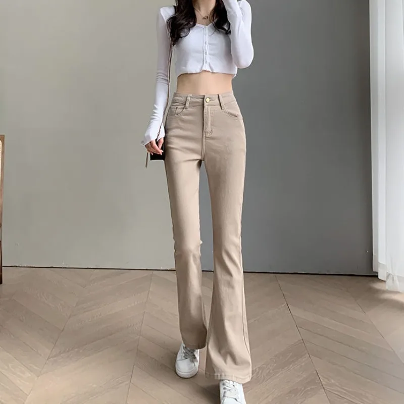 Retro Slim Fit Skinny Denim Pants for Women Khaki Flared Trousers High Waist Shot Womens Bell Bottom Jeans South Korea Unique A