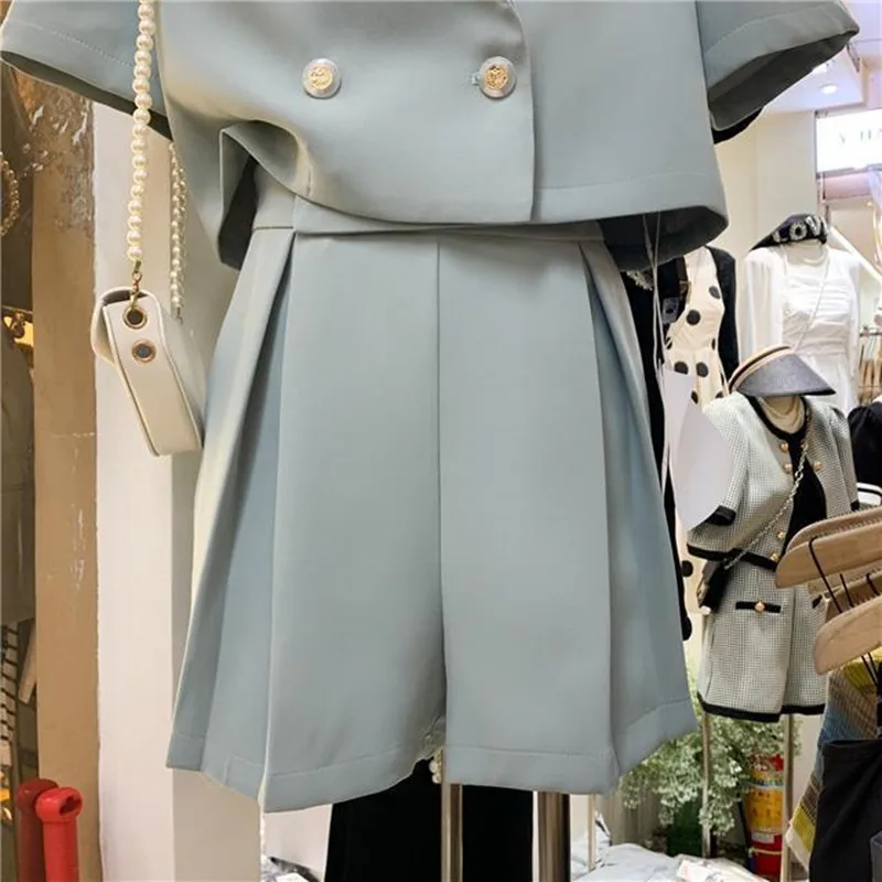 Kurzarm Blazer und Shorts Anzug Frauen 2023 Sommer koreanische lässige kurze Jacke alters reduzierende beste Straße Set 2 Stück Mujer