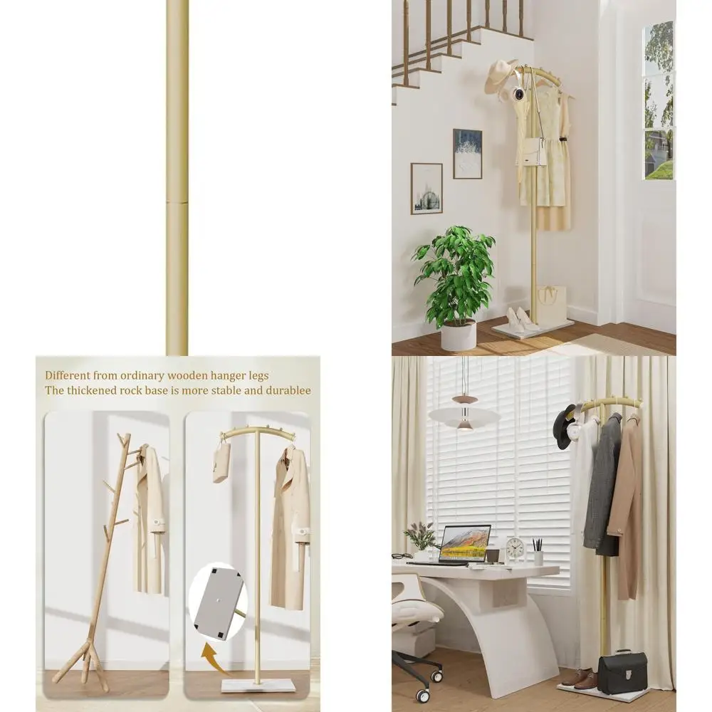 

Gold 68.9in Freestanding T-Shape Metal Coat Rack with Natural Rock Base for Entrances, Corridors, and Halls